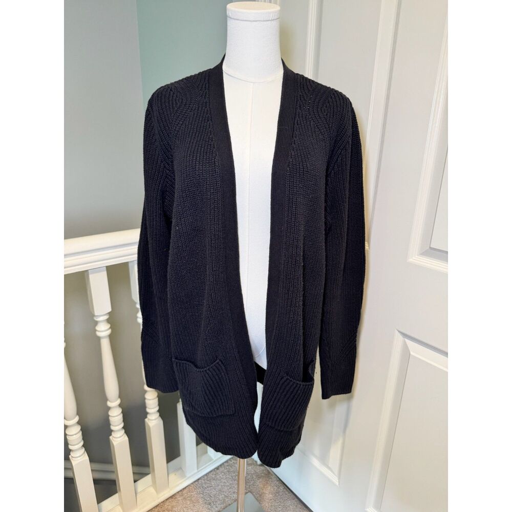 a.n.a Womens L Black Chunky Ribbed Knit Open Front Cardigan Pockets Long Sweater